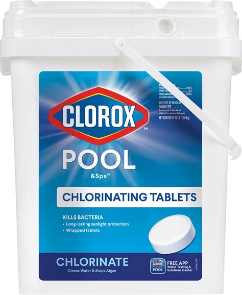 Clorox pool and spa active99 3 chlorinating tablets 50 lbs - 10. $ 1725. Clorox Pool & Spa XtraBlue 3" Chlorinating Tablets for Swimming Pools, 6oz - 1 Chlorine Tablet. 10. $ 6700. CLOROX Pool&Spa XtraBlue 3-Inch Long Lasting Chlorinating Tablets, 5-Pound Chlorine. 2. $ 22890. Clorox Pool&Spa XtraBlue Chlorinating Tablets- 25 lb Bucket 3-in Pool Chlorine Tabs. 